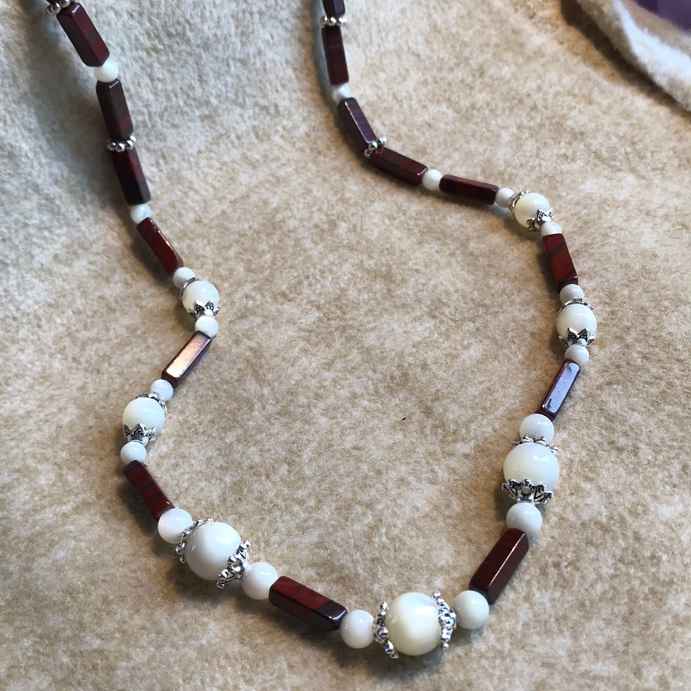 Burgundy and white stone necklace